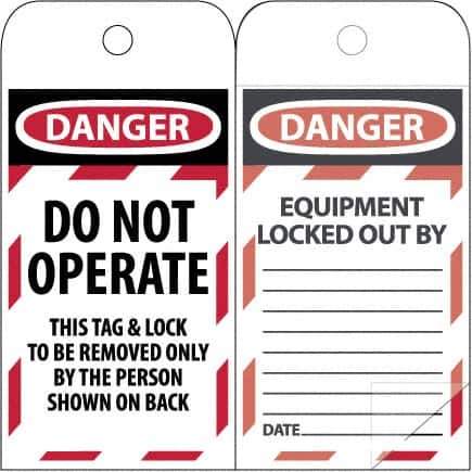 NMC - 3" High x 6" Long, DANGER - THIS TAG & LOCK TO BE REMOVED ONLY BY THE PERSON SHOWN, English Safety & Facility Lockout Tag - Tag Header: Danger, 2 Sides, Black & Red Poly - Eagle Tool & Supply