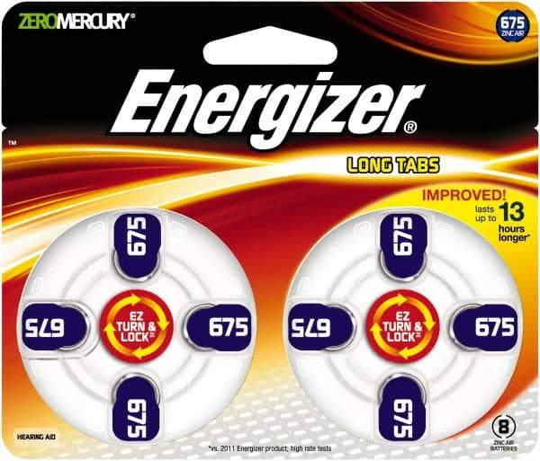 Energizer - Size 675, Zinc Air, 1 Pack, Hearing Aid Battery - 1.4 Volts, Button Tab Terminal, PR44 - Eagle Tool & Supply