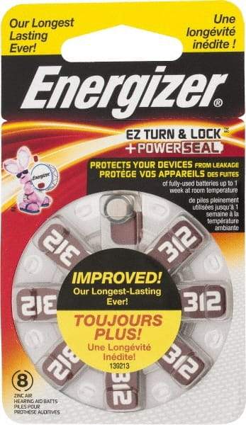 Energizer - Size 312, Zinc Air, 1 Pack, Hearing Aid Battery - 1.4 Volts, Button Tab Terminal, PR41 - Eagle Tool & Supply