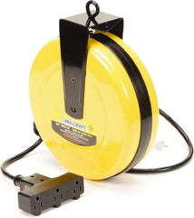 Reelcraft - 16 AWG, 30' Cable Length, Cord & Cable Reel with Outlet End - 3 Outlets, NEMA 5-15R, 10 Amps, 125 Volts, SJTW Cable, Yellow Reel, Spring Driven Reel - Eagle Tool & Supply