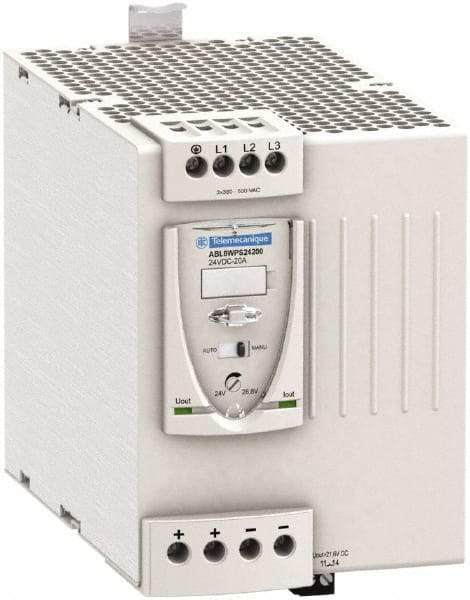 Schneider Electric - 480 Watt, 20 Amp, 380 to 500 VAC Input, 24 VDC Output, DIN Rail Power Supply - Screw Connection, 165mm Wide x 155mm Deep x 143mm High, 92-100% Efficiency, Green LED Output, Red LED Output - Eagle Tool & Supply