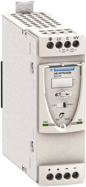 Schneider Electric - 72 Watt, 3 Amp, 100 to 120 VAC, 200 to 500 VAC Input, 24 VDC Output, DIN Rail Power Supply - Screw Connection, 165mm Wide x 155mm Deep x 143mm High, 87-100% Efficiency, Green LED Output, Red LED Output - Eagle Tool & Supply