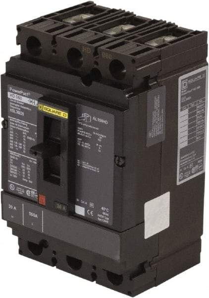 Square D - 20 Amp, 250 VDC, 600 VAC, 3 Pole, Panel Mount Molded Case Circuit Breaker - Thermal Magnetic Trip, 14-3/0 AWG, 87.4mm Deep x 162.6mm High x 104.7mm Wide - Eagle Tool & Supply
