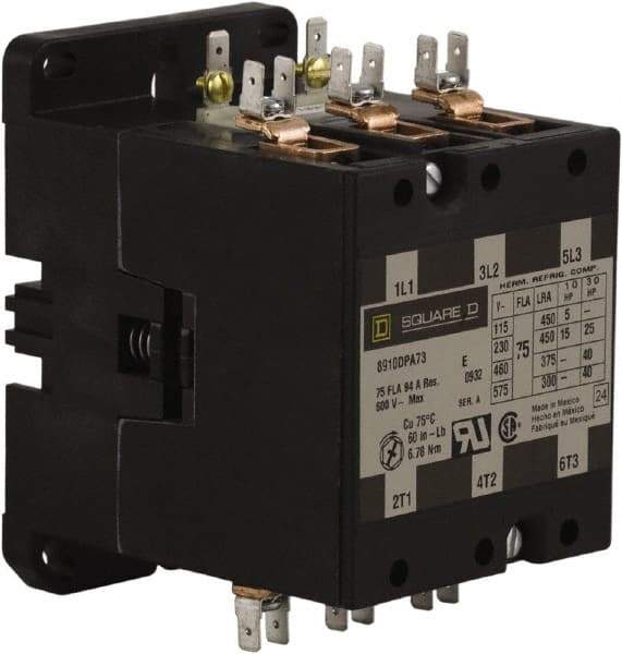 Square D - 3 Pole, 75 Amp Inductive Load, 24 Coil VAC at 50/60 Hz, Definite Purpose Contactor - Phase 1 and Phase 3 Hp:  15 at 230 VAC, 25 at 230 VAC, 40 at 460 VAC, 40 at 575 VAC, 5 at 115 VAC, 94 Amp Resistive Rating, CE, CSA, UL Listed - Eagle Tool & Supply