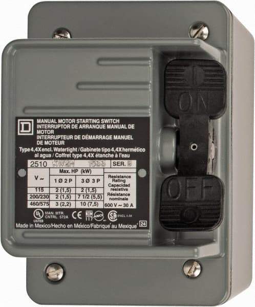 Square D - 3 Poles, 30 Amp, NEMA, Enclosed Toggle Manual Motor Starter - 1 hp at 90 VDC, 10 hp at 460 VAC, 10 hp at 575 VAC, 1-1/2 hp at 230 VDC, 2 hp at 115 VAC, 2 hp at 115 VDC & 7-1/2 hp at 230 VAC, CE, CSA, NEMA 4 & UL Listed - Eagle Tool & Supply