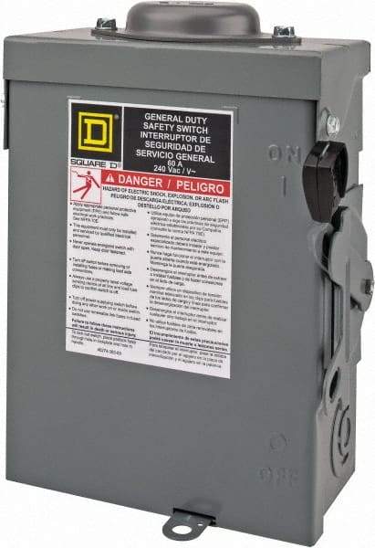 Square D - 60 Amp, 240 V, 3 Pole Nonfused Safety Switch - NEMA 3R, 10 hp at 240 VAC (Single Phase), 15 hp at 240 VAC (Triple Phase), 3PST Contact Form - Eagle Tool & Supply