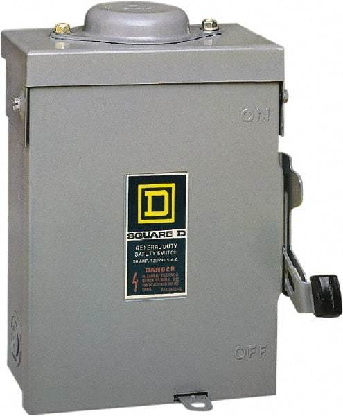 Square D - 30 Amp, 240 V, 2 Pole Fused Safety Switch - NEMA 3R, 3 hp at 240 VAC (Single Phase), 7.5 hp at 240 VAC (Triple Phase), DPST Contact Form - Eagle Tool & Supply