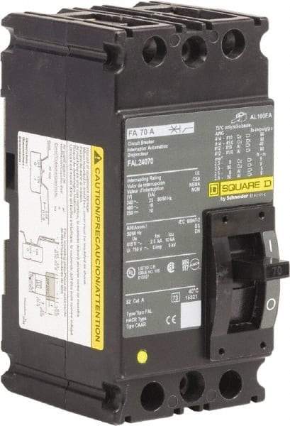 Square D - 70 Amp, 250 VDC, 480 VAC, 2 Pole, Panel Mount Molded Case Circuit Breaker - Thermal Magnetic Trip, 18 kA at 480/600 VAC Breaking Capacity, 12-1/0 (Aluminum), 14-1/0 (Copper) AWG, 4.13 Inch Deep x 6 Inch High x 3 Inch Long - Eagle Tool & Supply