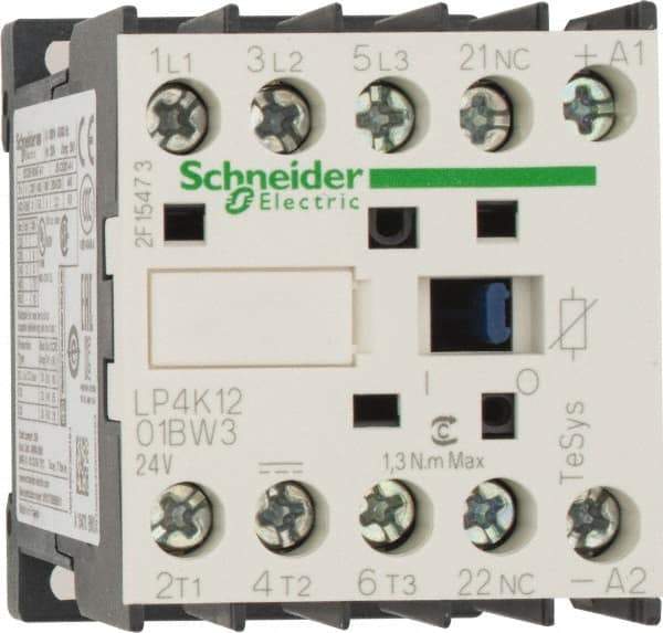 Schneider Electric - 3 Pole, 24 Coil VDC, 12 Amp at 440 VAC, 16 Amp at 690 VAC and 20 Amp at 440 VAC, Nonreversible IEC Contactor - BS 5424, CSA, IEC 60947, NF C 63-110, RoHS Compliant, UL Listed, VDE 0660 - Eagle Tool & Supply