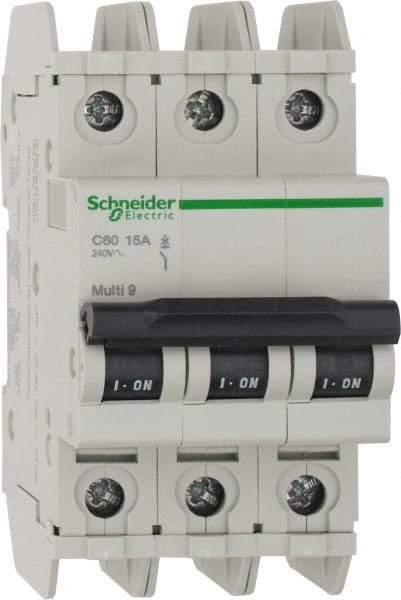 Schneider Electric - 15 Amp, 125 VDC, 240 VAC, 60 VDC, 3 Pole, DIN Rail Mount, Fixed Mount Miniature Circuit Breaker - Thermal Magnetic Trip, Multiple Breaking Capacity Ratings, 73mm Deep x 107mm High x 54mm Wide - Eagle Tool & Supply