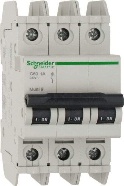 Schneider Electric - 1 Amp, 125 VDC, 240 VAC, 60 VDC, 3 Pole, DIN Rail Mount, Fixed Mount Miniature Circuit Breaker - Thermal Magnetic Trip, Multiple Breaking Capacity Ratings, 73mm Deep x 107mm High x 54mm Wide - Eagle Tool & Supply