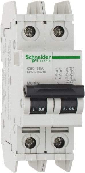 Schneider Electric - 15 Amp, 125 VDC, 240 VAC, 60 VDC, 1 Pole, DIN Rail Mount, Fixed Mount Miniature Circuit Breaker - Thermal Magnetic Trip, Multiple Breaking Capacity Ratings, 73mm Deep x 107mm High x 36mm Wide - Eagle Tool & Supply