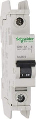 Schneider Electric - 7 Amp, 125 VDC, 240 VAC, 60 VDC, 1 Pole, DIN Rail Mount, Fixed Mount Miniature Circuit Breaker - Thermal Magnetic Trip, Multiple Breaking Capacity Ratings, 73mm Deep x 107mm High x 18mm Wide - Eagle Tool & Supply
