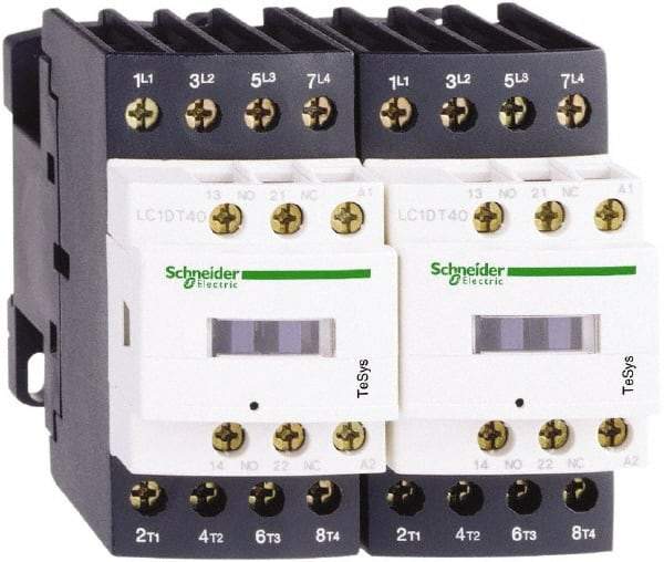 Schneider Electric - 3 Pole, 120 Coil VAC at 50/60 Hz, 40 Amp at 440 VAC, Reversible IEC Contactor - 1 Phase hp: 3 at 115 VAC, 5 at 230/240 VAC, 3 Phase hp: 10 at 200/208 VAC, 10 at 230/240 VAC, 30 at 460/480 VAC, 30 at 575/600 VAC - Eagle Tool & Supply