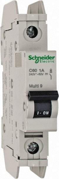 Schneider Electric - 1 Amp, 125 VDC, 240 VAC, 60 VDC, 1 Pole, DIN Rail Mount, Fixed Mount Miniature Circuit Breaker - Thermal Magnetic Trip, 10 kA at 277 VAC Breaking Capacity, 73mm Deep x 107mm High x 18mm Wide - Eagle Tool & Supply