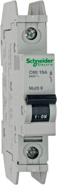 Schneider Electric - 15 Amp, 125 VDC, 240 VAC, 60 VDC, 1 Pole, DIN Rail Mount, Fixed Mount Miniature Circuit Breaker - Thermal Magnetic Trip, Multiple Breaking Capacity Ratings, 73mm Deep x 107mm High x 18mm Wide - Eagle Tool & Supply