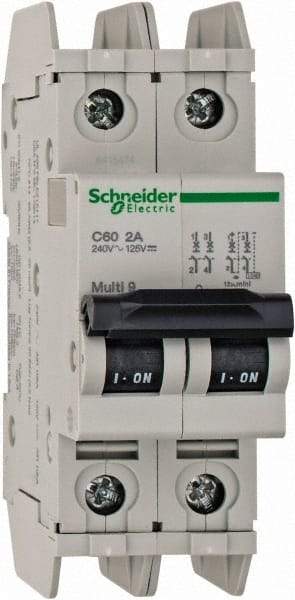Schneider Electric - 2 Amp, 125 VDC, 240 VAC, 60 VDC, 1 Pole, DIN Rail Mount, Fixed Mount Miniature Circuit Breaker - Thermal Magnetic Trip, Multiple Breaking Capacity Ratings, 73mm Deep x 107mm High x 36mm Wide - Eagle Tool & Supply