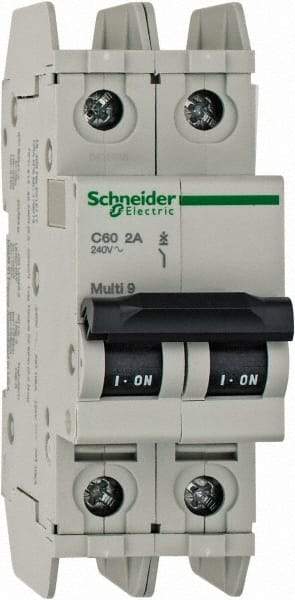 Schneider Electric - 2 Amp, 125 VDC, 240 VAC, 60 VDC, 1 Pole, DIN Rail Mount, Fixed Mount Miniature Circuit Breaker - Thermal Magnetic Trip, Multiple Breaking Capacity Ratings, 73mm Deep x 107mm High x 36mm Wide - Eagle Tool & Supply