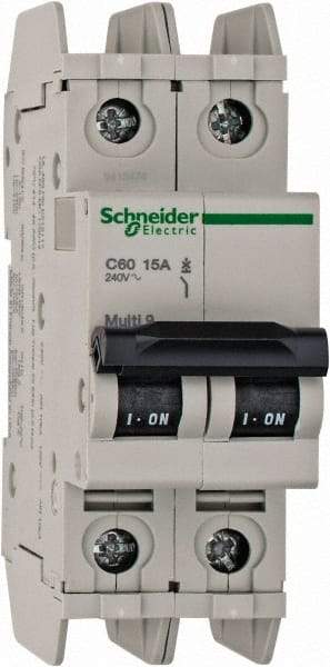 Schneider Electric - 15 Amp, 125 VDC, 240 VAC, 60 VDC, 1 Pole, DIN Rail Mount, Fixed Mount Miniature Circuit Breaker - Thermal Magnetic Trip, Multiple Breaking Capacity Ratings, 73mm Deep x 107mm High x 36mm Wide - Eagle Tool & Supply