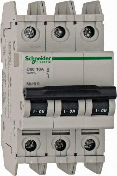 Schneider Electric - 10 Amp, 125 VDC, 240 VAC, 60 VDC, 3 Pole, DIN Rail Mount, Fixed Mount Miniature Circuit Breaker - Thermal Magnetic Trip, Multiple Breaking Capacity Ratings, 73mm Deep x 107mm High x 54mm Wide - Eagle Tool & Supply