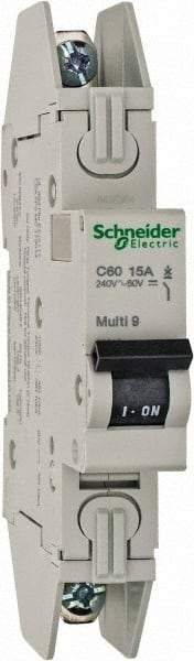 Schneider Electric - 15 Amp, 120/240 VAC, 1 Pole, DIN Rail Mounted Miniature Circuit Breaker - Thermal Magnetic Trip, 10 kA at 240 VAC Breaking Capacity, 14-4 AWG, 73mm Deep x 123.4mm High x 18mm Wide - Eagle Tool & Supply