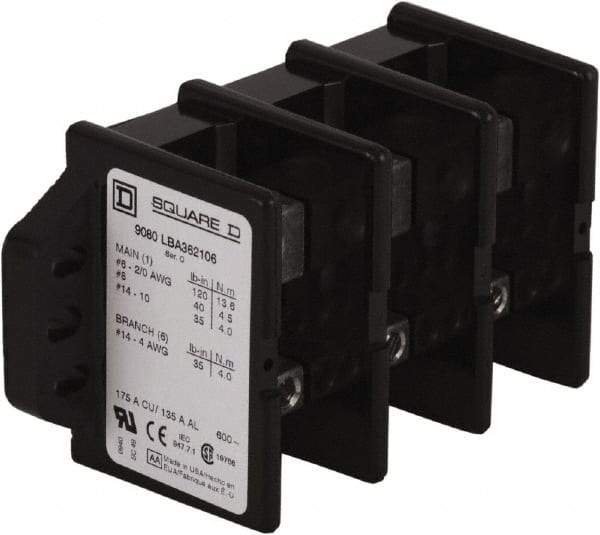Square D - 3 Poles, 135 (Aluminium), 175 (Copper) Amp, Phenolic Power Distribution Block - 600 VAC, 1 Primary Connection - Eagle Tool & Supply