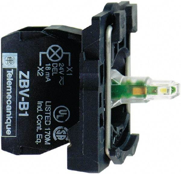 Schneider Electric - 24 VAC/VDC at 50/60 Hz Green Lens LED Indicating Light - Screw Clamp Connector, Electromagnetic Field Resistant, Electrostatic Discharge Resistant, Vibration Resistant - Eagle Tool & Supply