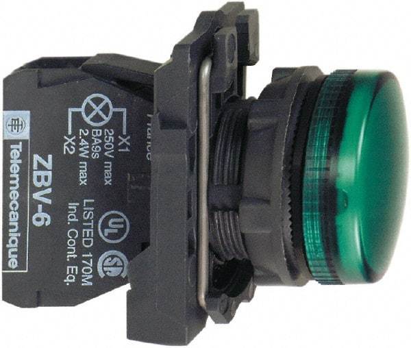 Schneider Electric - 250 V Green Lens LED Pilot Light - Round Lens, Screw Clamp Connector, 30mm Wide, Vibration Resistant, Water Resistant - Eagle Tool & Supply