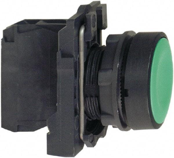 Schneider Electric - 22mm Mount Hole, Flush, Pushbutton Switch with Contact Block - Round, Green Pushbutton, Momentary (MO) - Eagle Tool & Supply