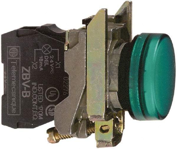 Schneider Electric - 230-240 VAC at 50/60 Hz Green Lens LED Pilot Light - Round Lens, Screw Clamp Connector, 30mm Wide, Vibration Resistant, Water Resistant - Eagle Tool & Supply