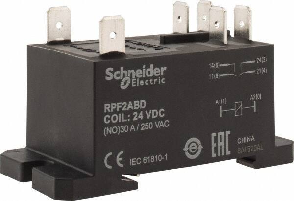 Schneider Electric - 7,500 VA Power Rating, Electromechanical Plug-in General Purpose Relay - 20 Amp at 28 VDC, 25 at 28 VDC, 30 at 250/277 VAC, 2NO, 24 VDC - Eagle Tool & Supply