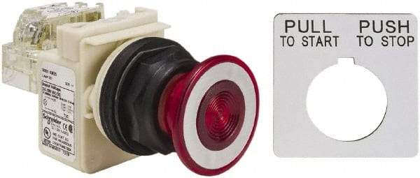 Schneider Electric - 30mm Mount Hole, Extended Straight, Pushbutton Switch with Contact Block - Red Pushbutton, Maintained (MA) - Eagle Tool & Supply