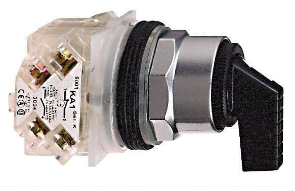 Schneider Electric - 1.18 Inch Mount Hole, 3 Position, Knob and Pushbutton Operated, Selector Switch - Black, Momentary (MO), 2NO/2NC, Weatherproof and Dust and Oil Resistant - Eagle Tool & Supply