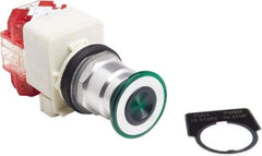 Schneider Electric - 30mm Mount Hole, Extended Straight, Pushbutton Switch with Contact Block - Green Pushbutton, Maintained (MA), Momentary (MO) - Eagle Tool & Supply