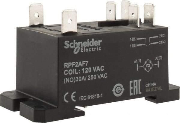 Schneider Electric - 7,500 VA Power Rating, Electromechanical Plug-in General Purpose Relay - 20 Amp at 28 VDC, 25 at 28 VDC, 30 at 250/277 VAC, 2NO, 120 VAC - Eagle Tool & Supply