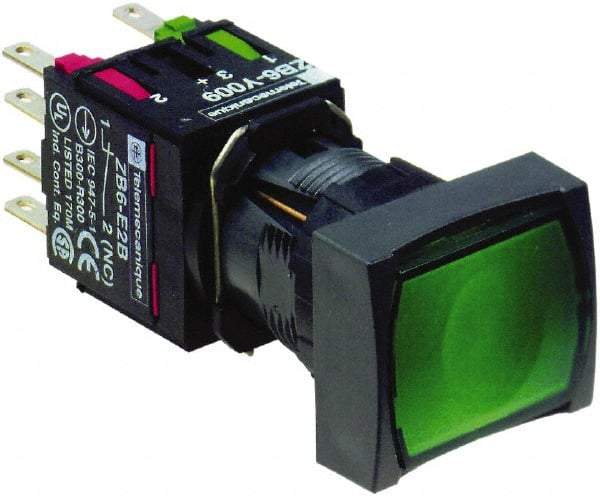 Schneider Electric - 16mm Mount Hole, Flush, Pushbutton Switch with Contact Block - Rectangle, Green Pushbutton, Illuminated, Momentary (MO) - Eagle Tool & Supply