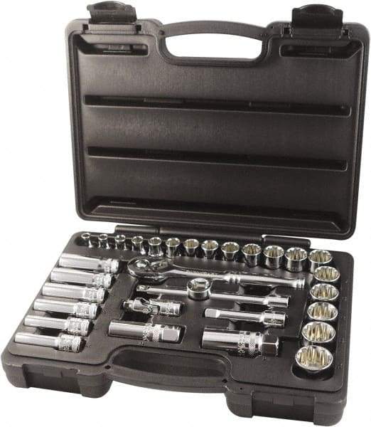 Paramount - 31 Piece 3/8" Drive Chrome Finish Socket Set - 12 Points, 6mm to 24mm Range, Metric Measurement Standard - Eagle Tool & Supply