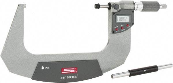 SPI - 5 to 6" Range, 0.00005" Resolution, Double Ratchet IP65 Electronic Outside Micrometer - 0.0002" Accuracy, Ratchet-Friction Thimble, Carbide Face, CR2032 Battery, Includes NIST Traceable Certification of Inspection - Eagle Tool & Supply