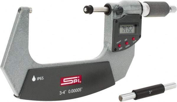 SPI - 3 to 4" Range, 0.00005" Resolution, Double Ratchet IP65 Electronic Outside Micrometer - 0.0002" Accuracy, Ratchet-Friction Thimble, Carbide Face, CR2032 Battery, Includes NIST Traceable Certification of Inspection - Eagle Tool & Supply