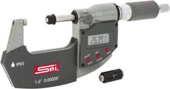 SPI - 1 to 2" Range, 0.00005" Resolution, Double Ratchet IP65 Electronic Outside Micrometer - 0.0002" Accuracy, Ratchet-Friction Thimble, Carbide Face, CR2032 Battery, Includes NIST Traceable Certification of Inspection - Eagle Tool & Supply