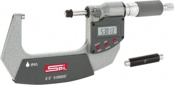 SPI - 2 to 3" Range, 0.00005" Resolution, Double Ratchet IP65 Electronic Outside Micrometer - 0.0002" Accuracy, Ratchet-Friction Thimble, Carbide Face, CR2032 Battery, Includes NIST Traceable Certification of Inspection - Eagle Tool & Supply