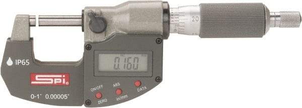SPI - 0 to 1" Range, 0.00005" Resolution, Double Ratchet IP65 Electronic Outside Micrometer - 0.0001" Accuracy, Ratchet-Friction Thimble, Carbide Face, CR2032 Battery, Includes NIST Traceable Certification of Inspection - Eagle Tool & Supply