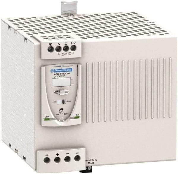 Schneider Electric - 480 Watt, 20 Amp, 100 to 120 VAC, 200 to 240 VAC Input, 24 VDC Output, DIN Rail Power Supply - Screw Connection, 165mm Wide x 155mm Deep x 143mm High, 88-100% Efficiency, Green LED Output, Red LED Output - Eagle Tool & Supply
