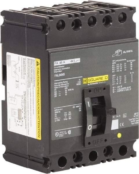 Square D - 45 Amp, 250 VDC, 480 VAC, 3 Pole, Panel Mount Molded Case Circuit Breaker - Thermal Magnetic Trip, 18 kA at 480/600 VAC Breaking Capacity, 12-1/0 (Aluminum), 14-1/0 (Copper) AWG, 4.13 Inch Deep x 6 Inch High x 4-1/2 Inch Long - Eagle Tool & Supply