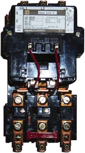 Square D - 440 Coil VAC at 50 Hz, 480 Coil VAC at 60 Hz, 90 Amp, NEMA Size 3, Nonreversible Open Enclosure NEMA Motor Starter - 3 Phase hp: 25 at 200 VAC, 30 at 230 VAC, 50 at 460 VAC, 50 at 575 VAC - Eagle Tool & Supply