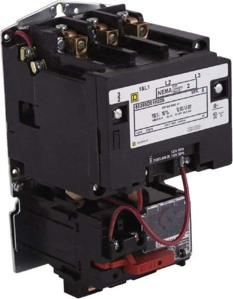 Square D - 208 Coil VAC at 60 Hz, 600 Coil VAC, 27 Amp, NEMA Size 1, Open Enclosure NEMA Motor Starter - 1 Phase hp: 7 1/2 at 200 Volt, 7 1/2 at 230 Volt, 3 Phase hp: 10 at 460 Volt, 10 at 575 Volt - Eagle Tool & Supply