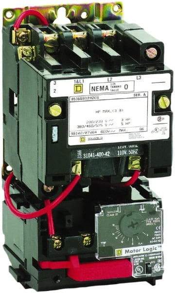 Square D - 110 Coil VAC at 50 Hz, 120 Coil VAC at 60 Hz, 9 Amp, Nonreversible Open Enclosure NEMA Motor Starter - 3 Phase hp: 1-1/2 at 200 VAC, 1-1/2 at 230 VAC, 2 at 460 VAC, 2 at 575 VAC - Eagle Tool & Supply