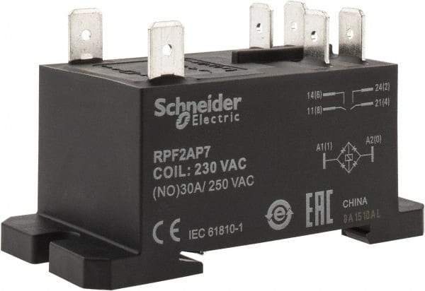 Schneider Electric - 7,500 VA Power Rating, Electromechanical Plug-in General Purpose Relay - 20 Amp at 28 VDC, 25 at 28 VDC, 30 at 250/277 VAC, 2NO, 230 VAC - Eagle Tool & Supply