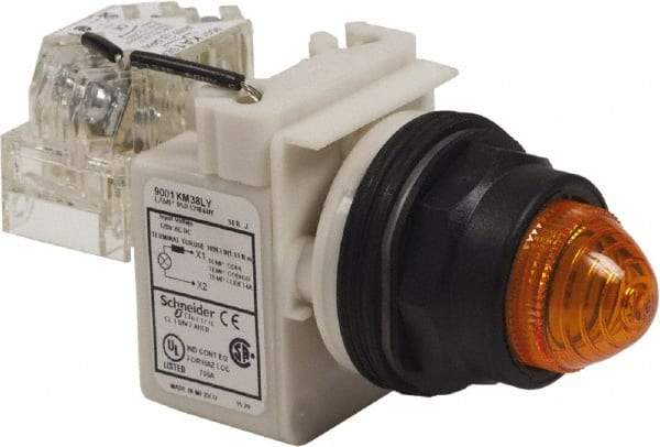 Schneider Electric - 120 V Amber Lens LED Pilot Light - Round Lens, Screw Clamp Connector, 54mm OAL x 42mm Wide, Vibration Resistant - Eagle Tool & Supply