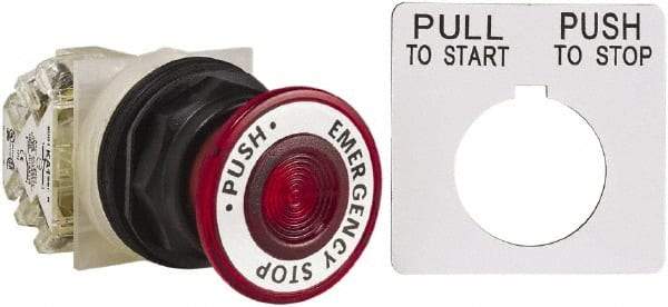 Schneider Electric - 30mm Mount Hole, Extended Straight, Pushbutton Switch with Contact Block - Red Pushbutton, Maintained (MA) - Eagle Tool & Supply